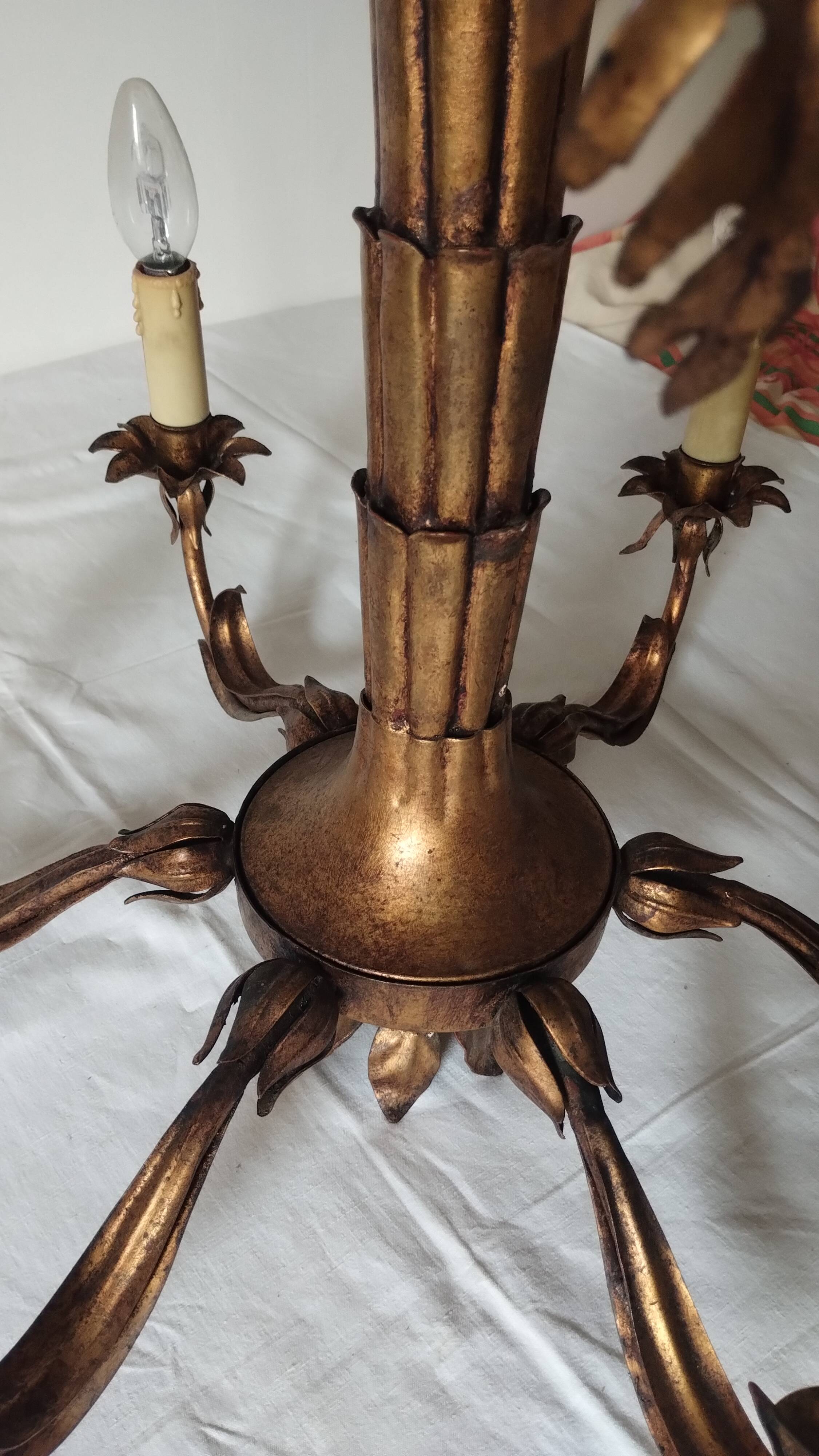 Vintage 1970s gold-tone metal palm tree chandelier with 6 arms