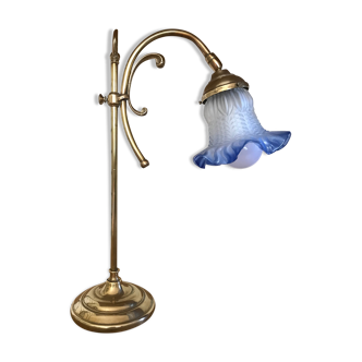 Lampe à poser art nouveau abat jour tulipe en verre bleu