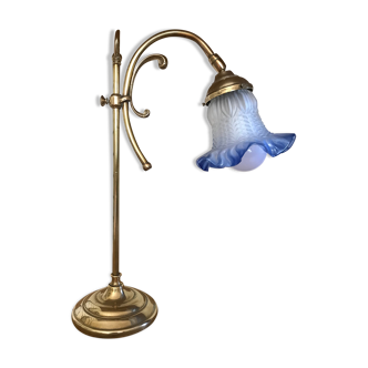 Art nouveau table lamp tulip lampshade in blue glass