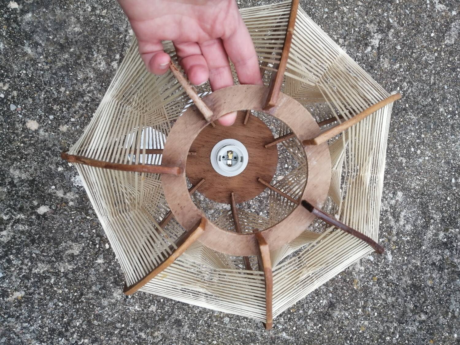 Pair of vintage wooden and rattan straw pendant lights.