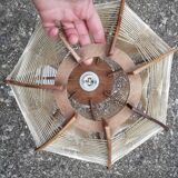 Pair of vintage wooden and rattan straw pendant lights.