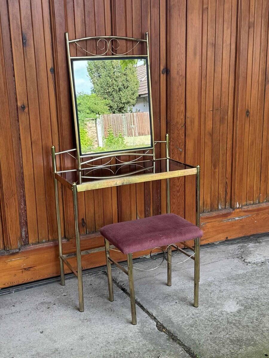 Vintage French Art Deco style vanity table in brass, 1960s, set of 3