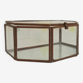 1950s jewelry box display case in glass and brass