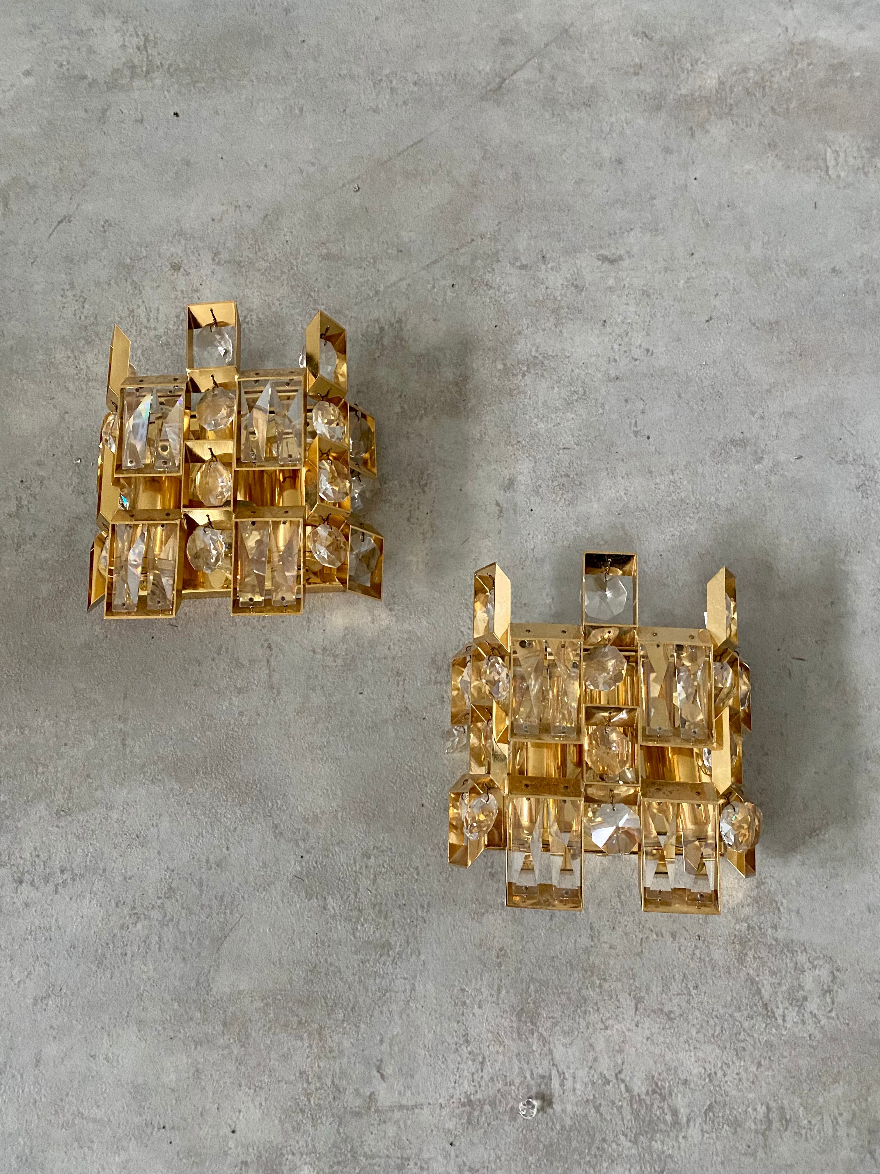 Set of 2 wall lamps gold crystal and brass Palwa Germany 1950