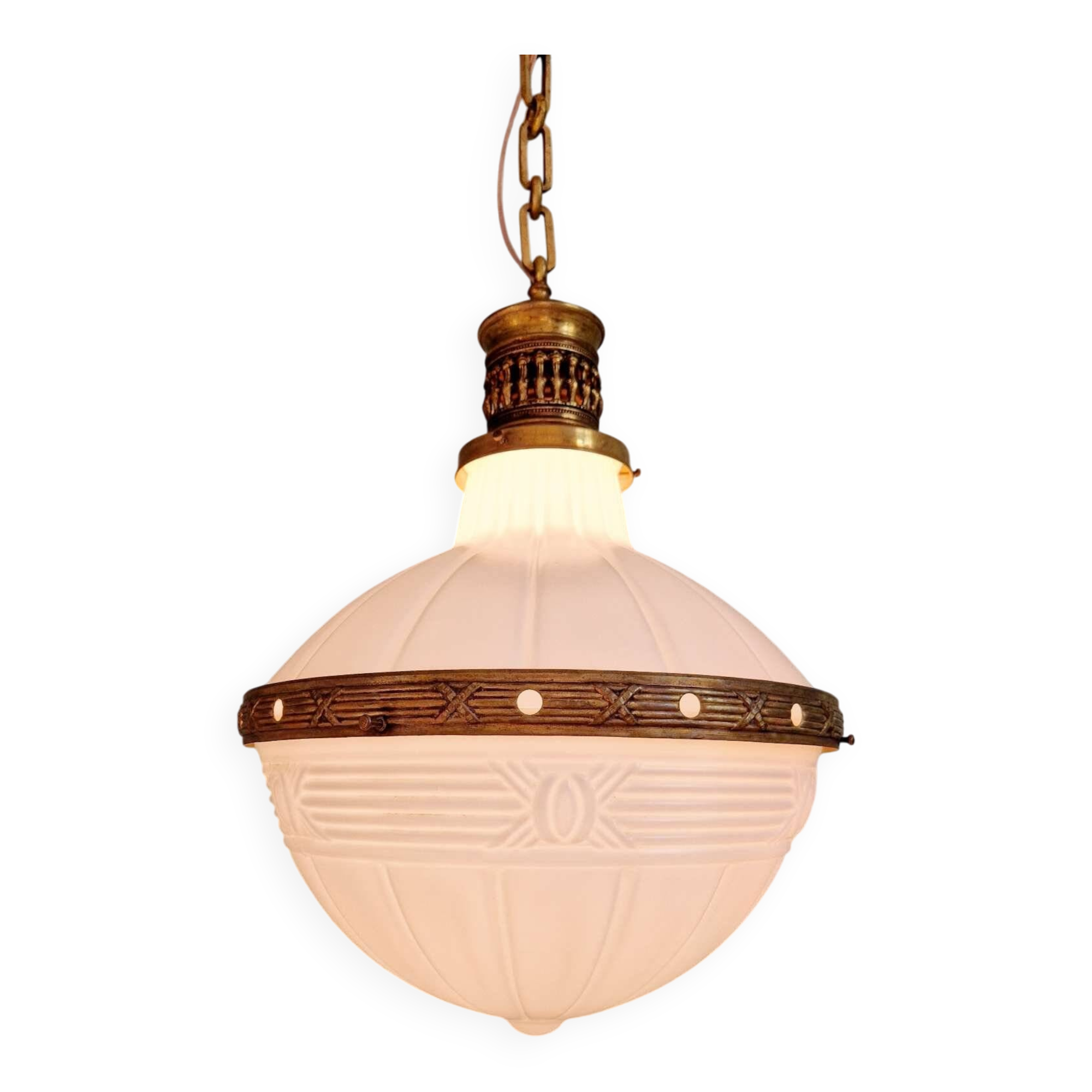 Large Art Deco pendant light in milky glass and brass, 1920
