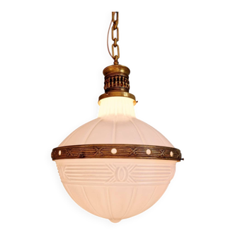 Large Art Deco pendant light in milky glass and brass, 1920