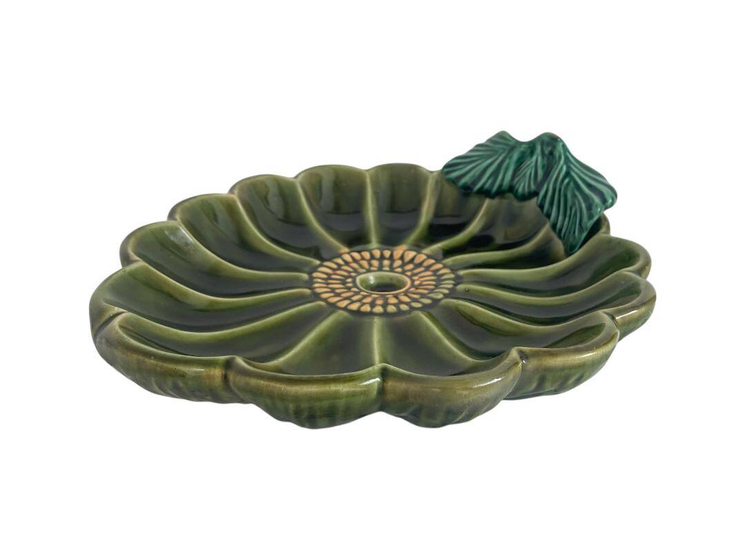 Large decorative dish, green ceramic flower, mid-20th century