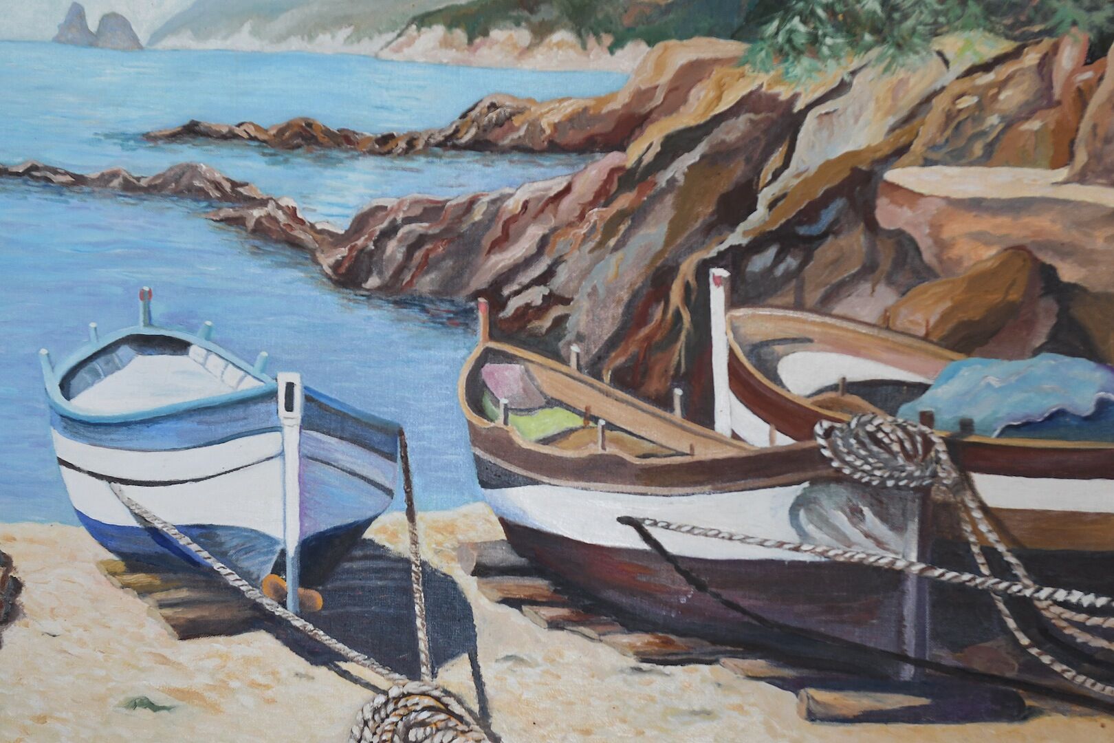 Oil on canvas Barques on the beach