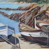 Oil on canvas Barques on the beach
