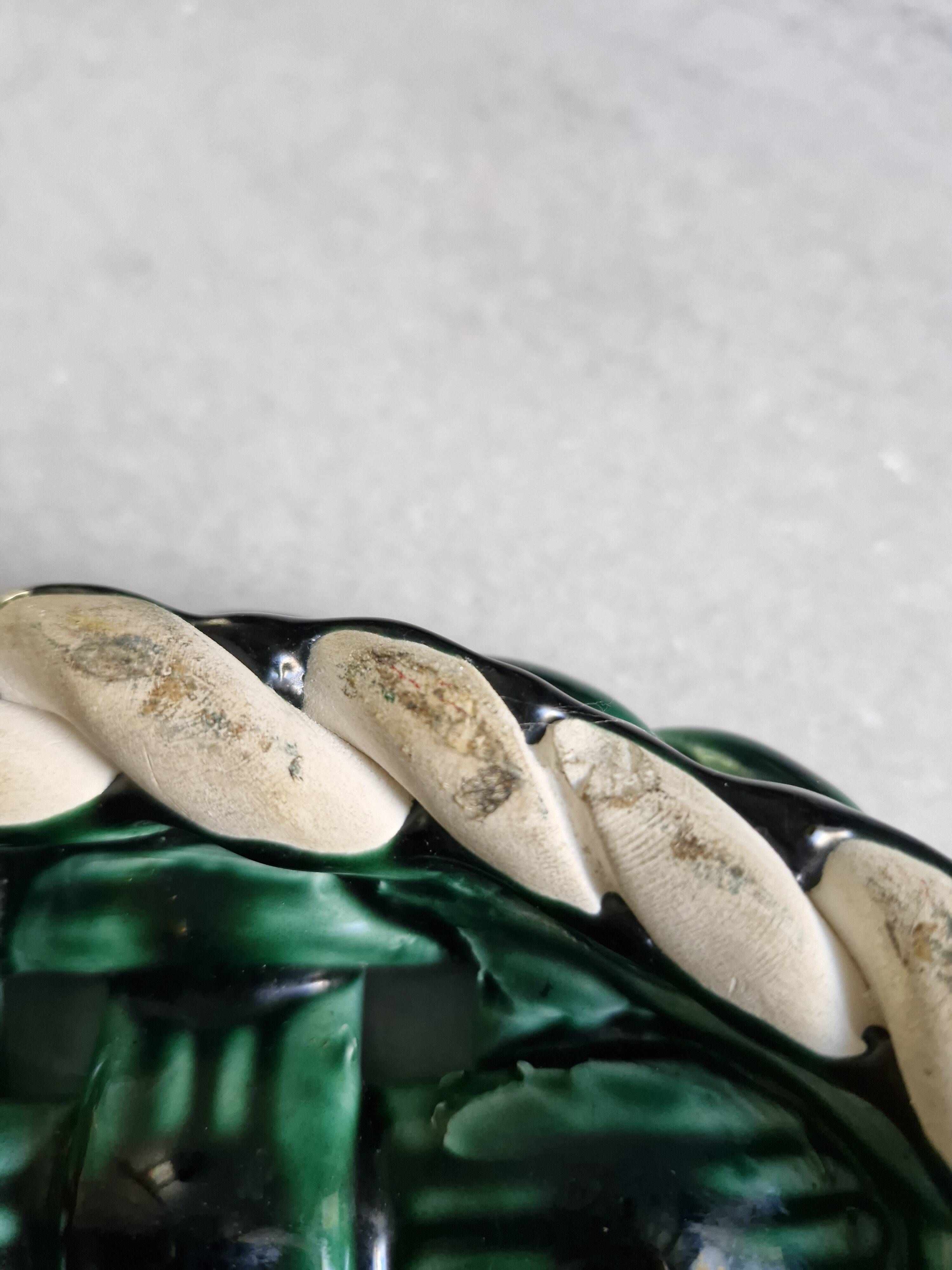 Woven green ceramic trivet in Vallauris style