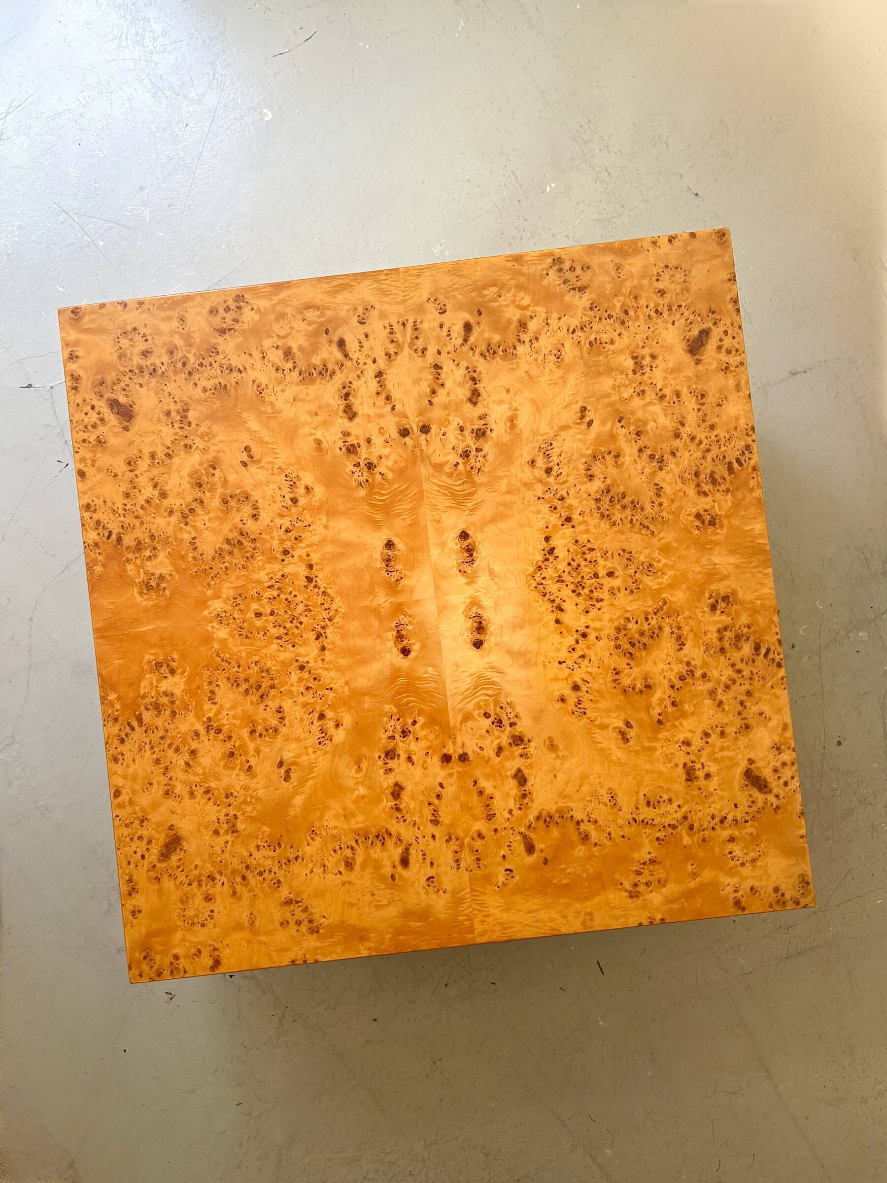 Square designer coffee table in elm burl and chrome, JC Mahey 1970