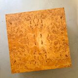 Square designer coffee table in elm burl and chrome, JC Mahey 1970