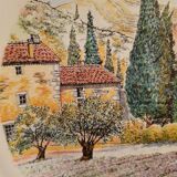 Decorative flat plate in Castelroux porcelain. Provencal scene, Landscape of Provence France