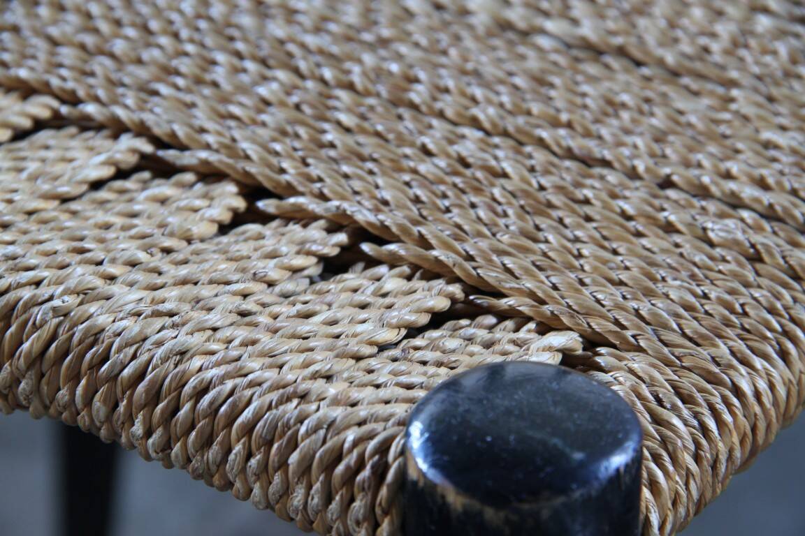 Vintage set of 8 Italian papercord black dining chairs, woven seat, 1950s