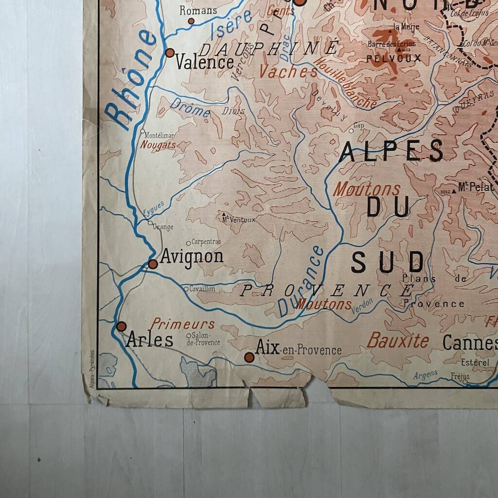 Vintage school map 1950 double-sided "The Alps / The Pyrenees"