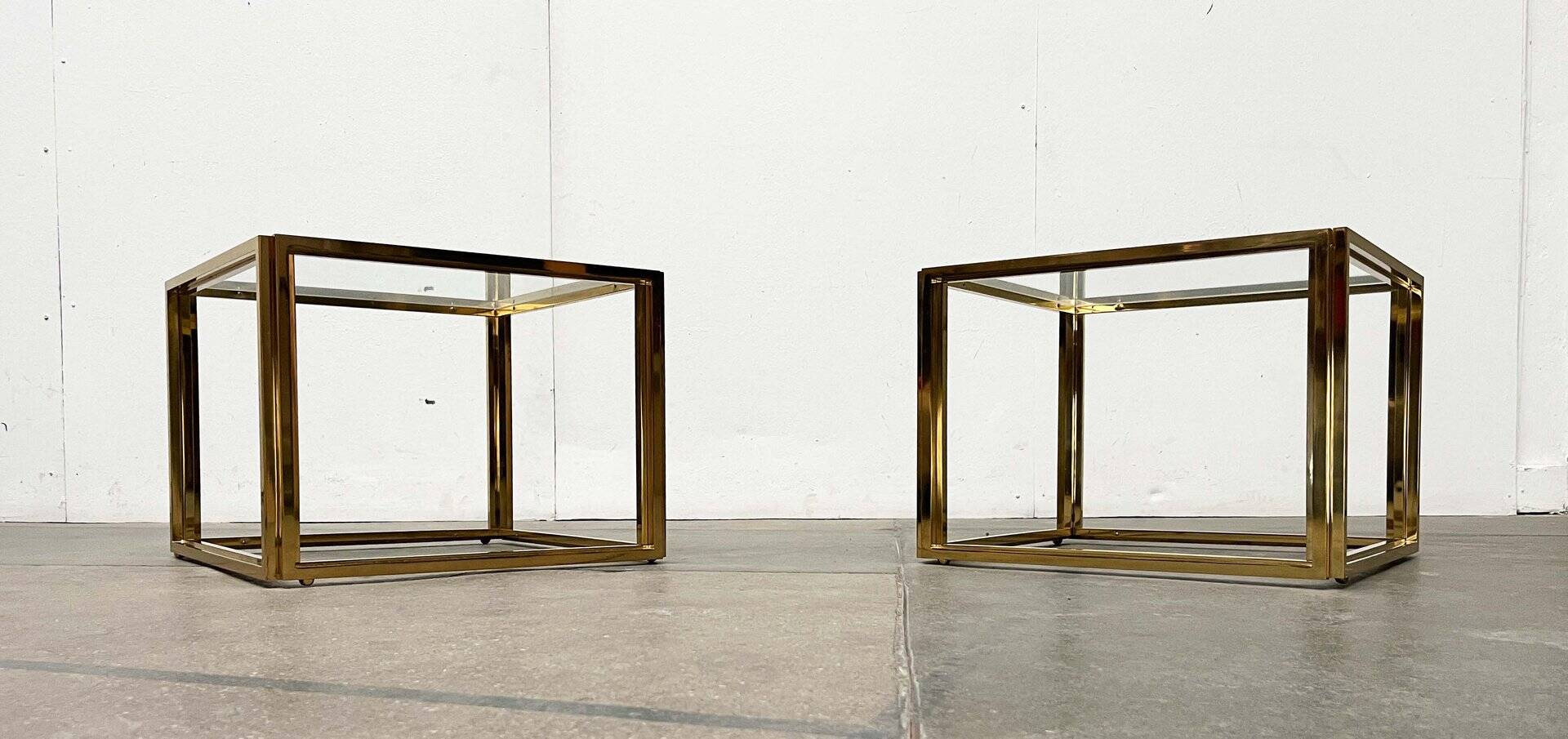 Cube side tables in brass and glass in the French Hollywood Regency style by Maison Charles, 1970s, set of 2.