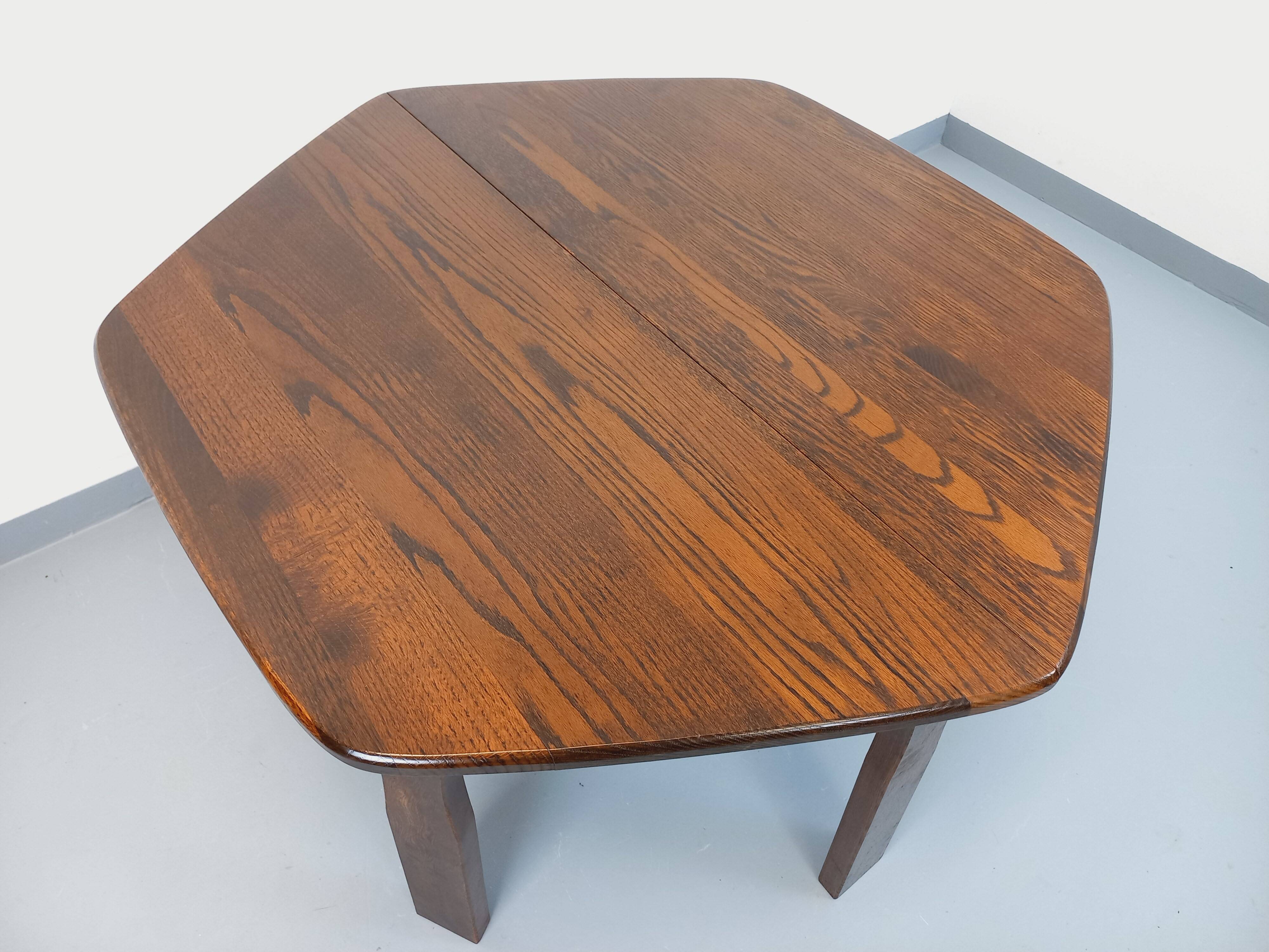 Vintage brutalist hexagonal dining table made of oak from the 1950s.