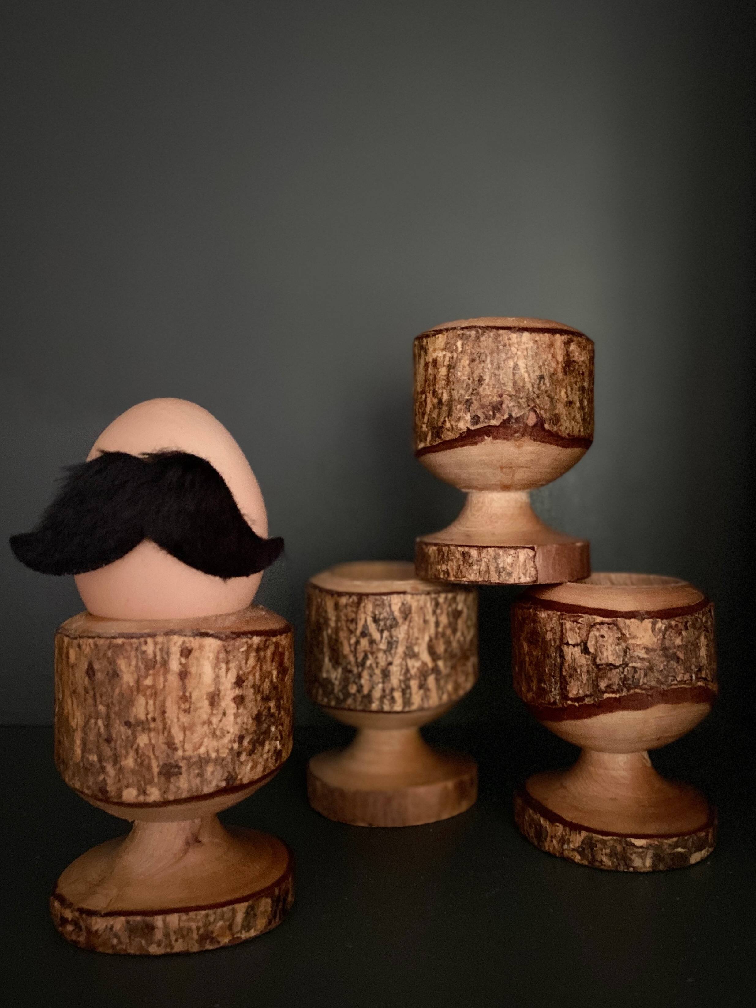 Brutalist egg cups in vintage raw solid wood