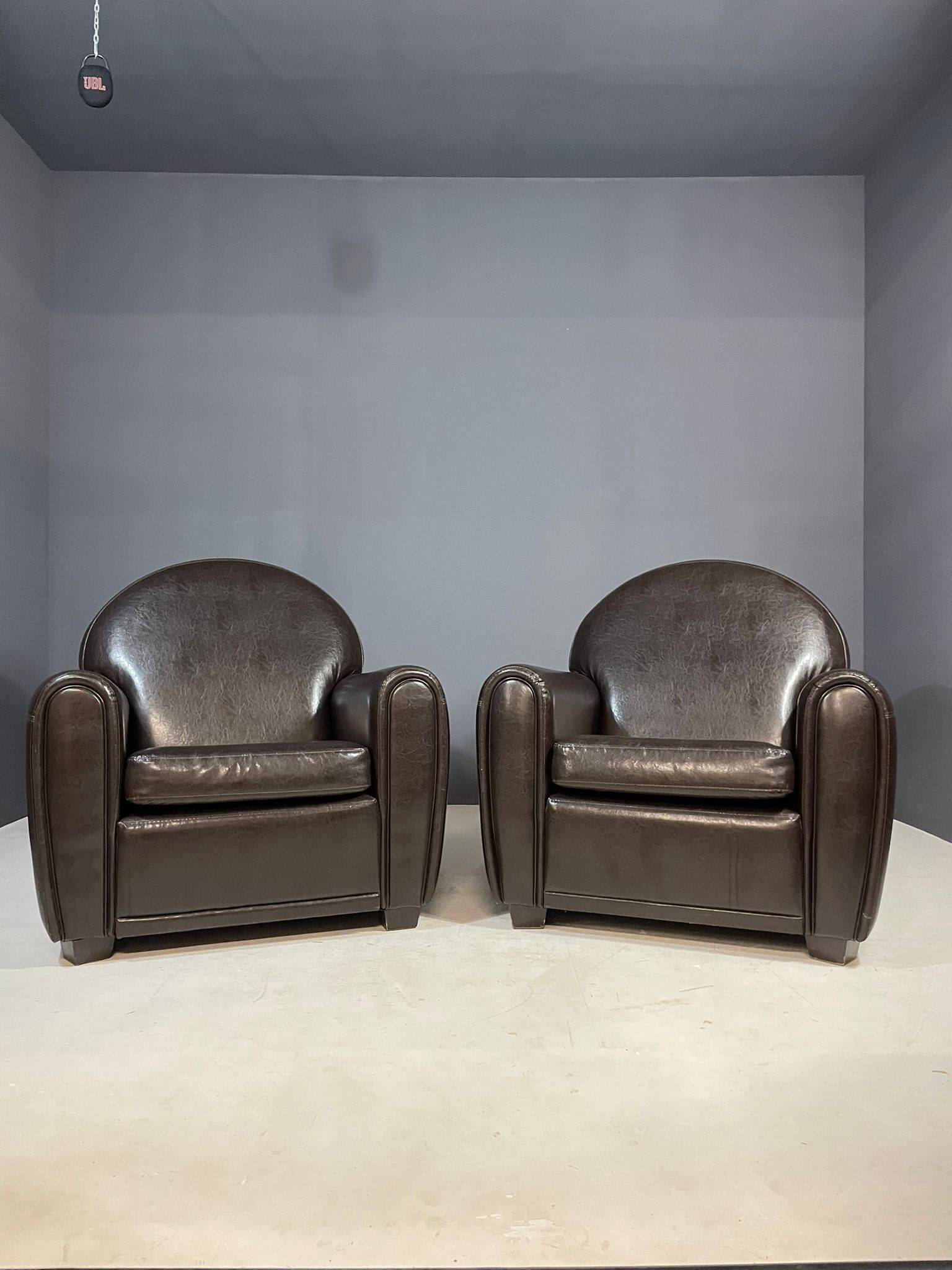 Pair of leather armchairs in French Art Deco style, 1970s