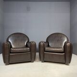 Pair of leather armchairs in French Art Deco style, 1970s