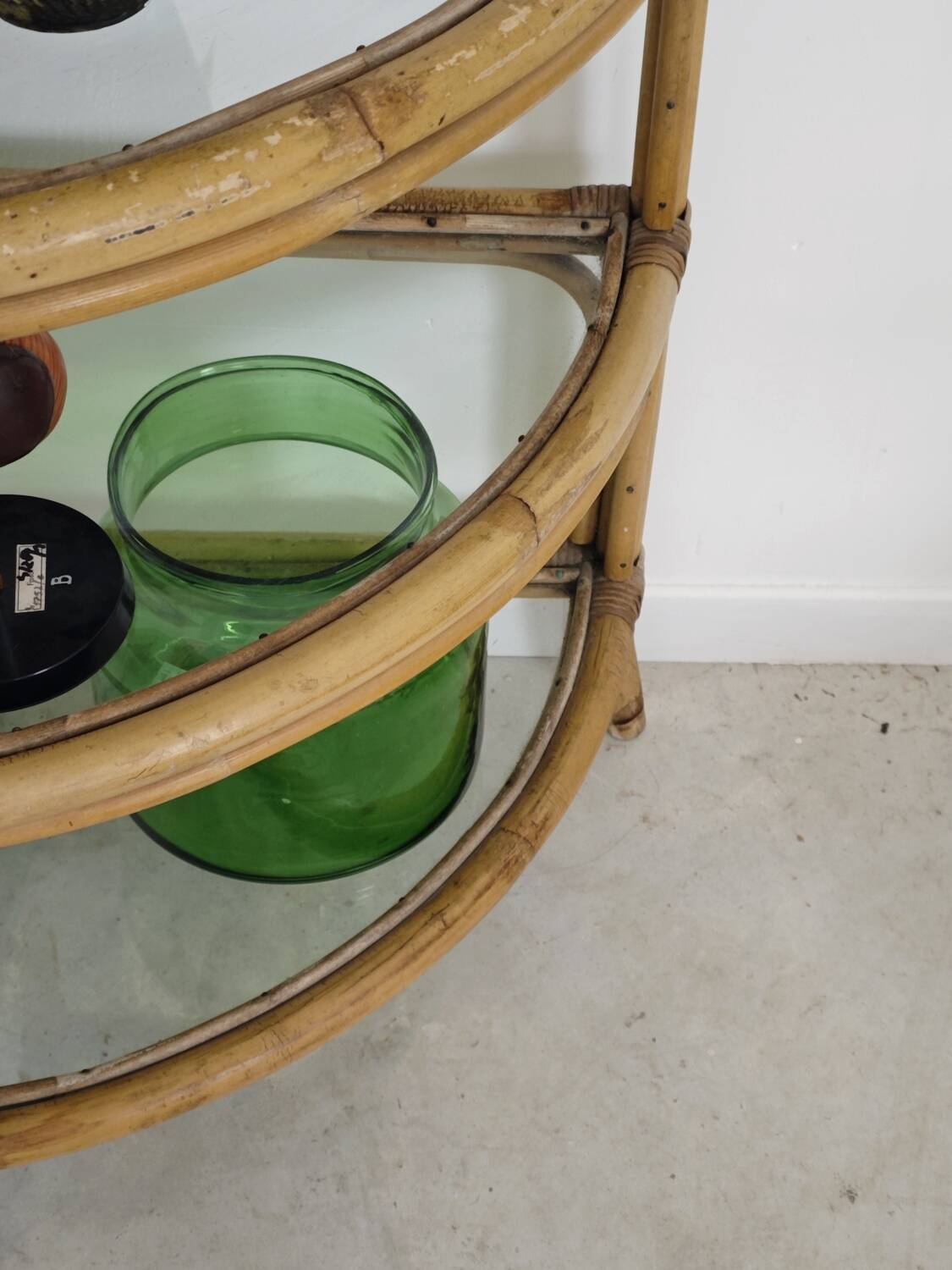 Rattan and glass corner shelf 1970