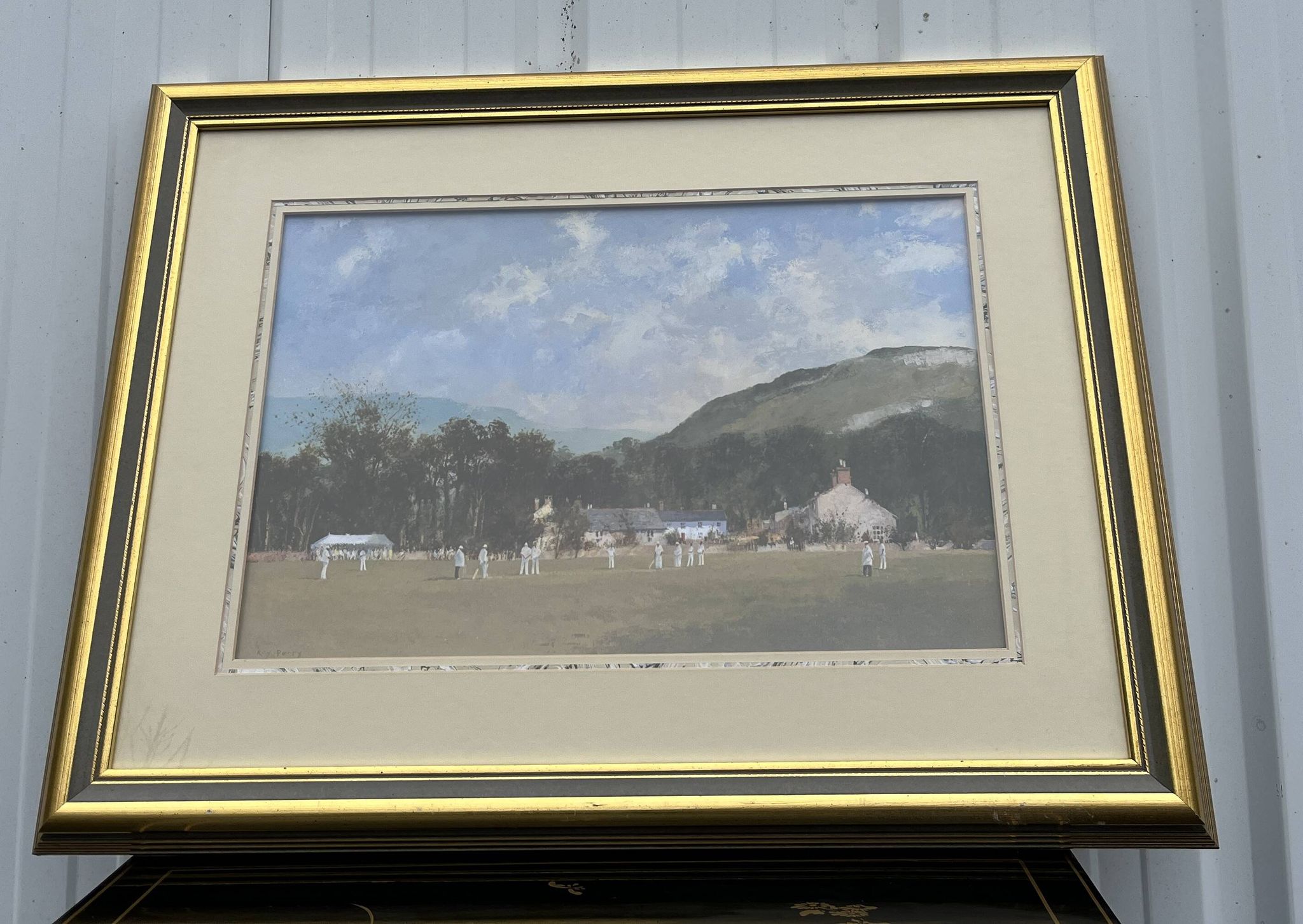 Gouache scène anglaise de cricket par Roy Perry