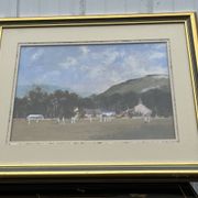 Gouache scène anglaise de cricket par Roy Perry