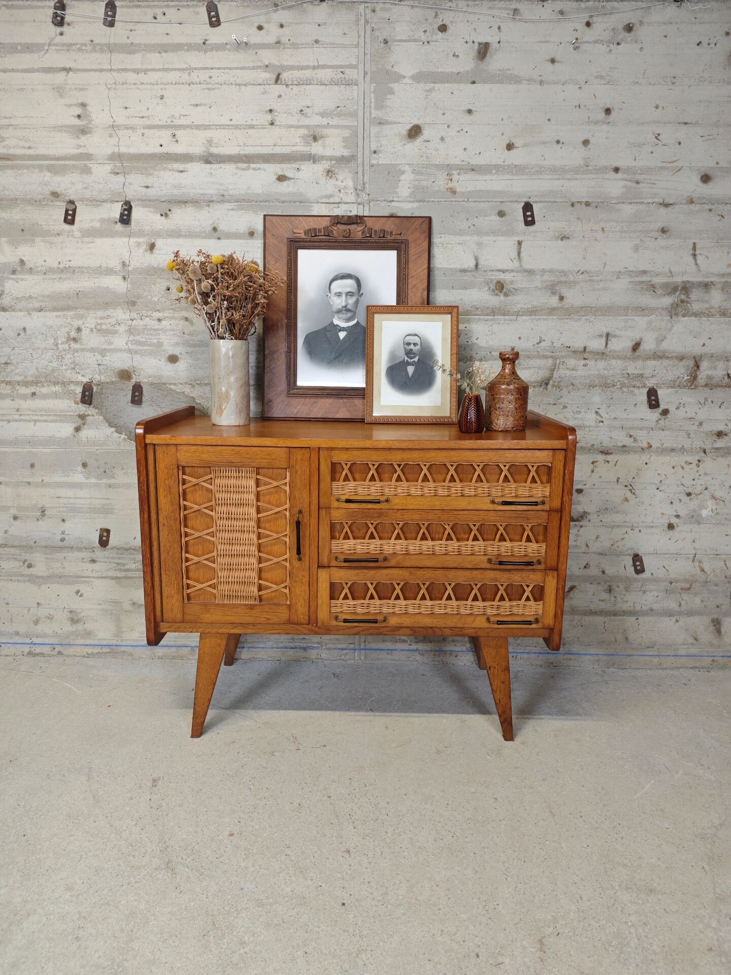 Buffet vintage bois et rotin