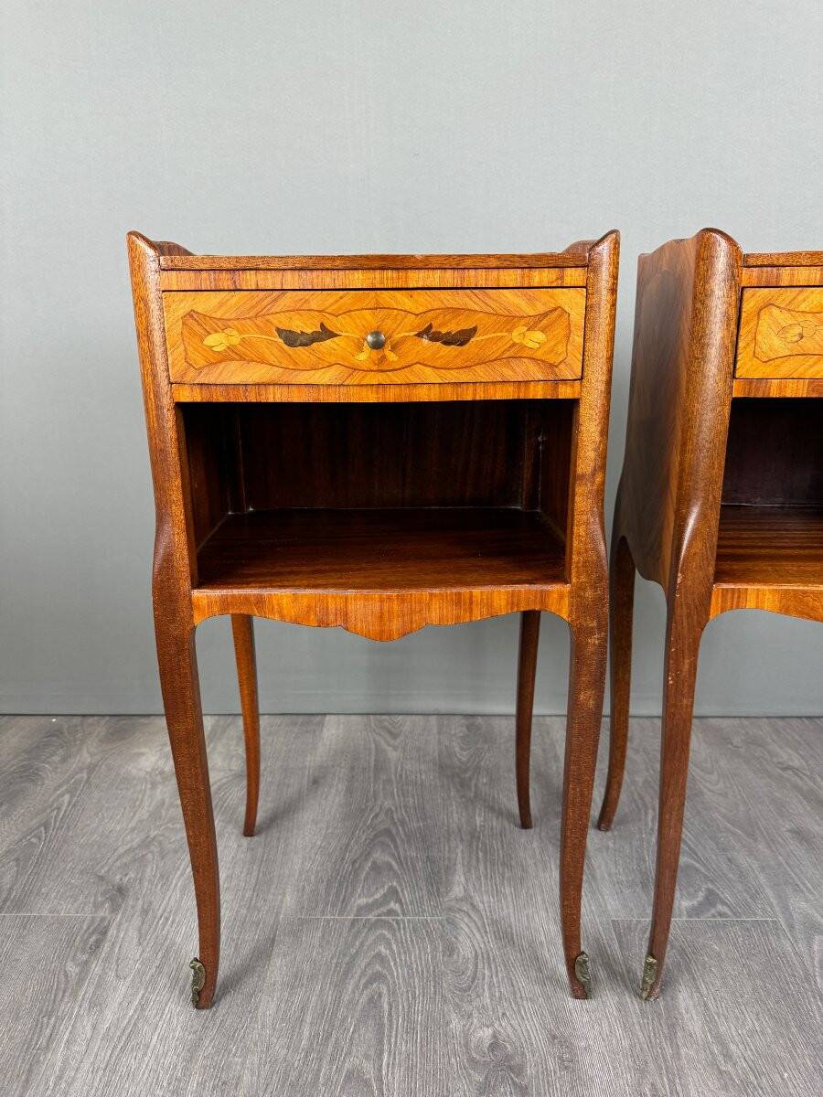 Pair of marquetry bedside tables, 20th century