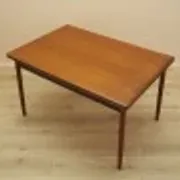 Danish extendable dining table, teak veneer, solid wood legs, leaf storage, 1970s