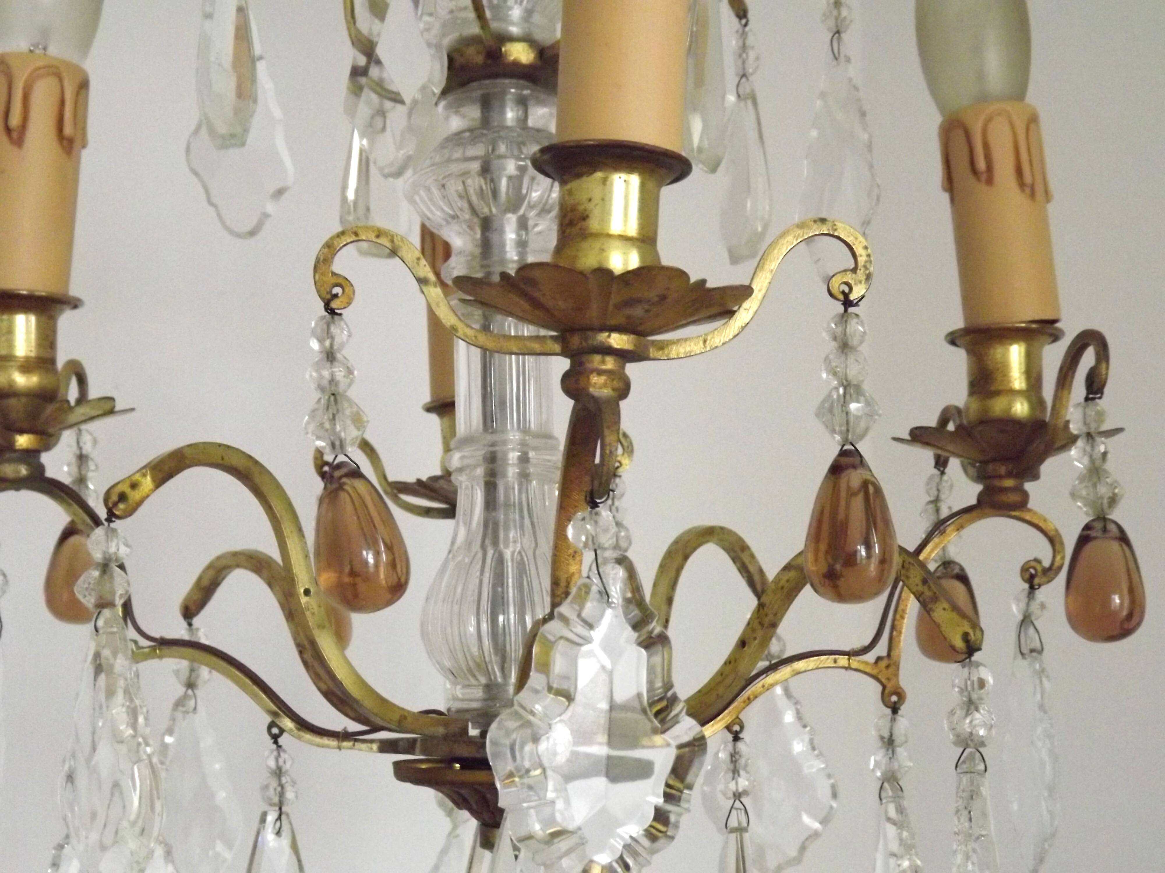 French vintage brass glass crystal 4 light chandelier with Murano droplets 4991