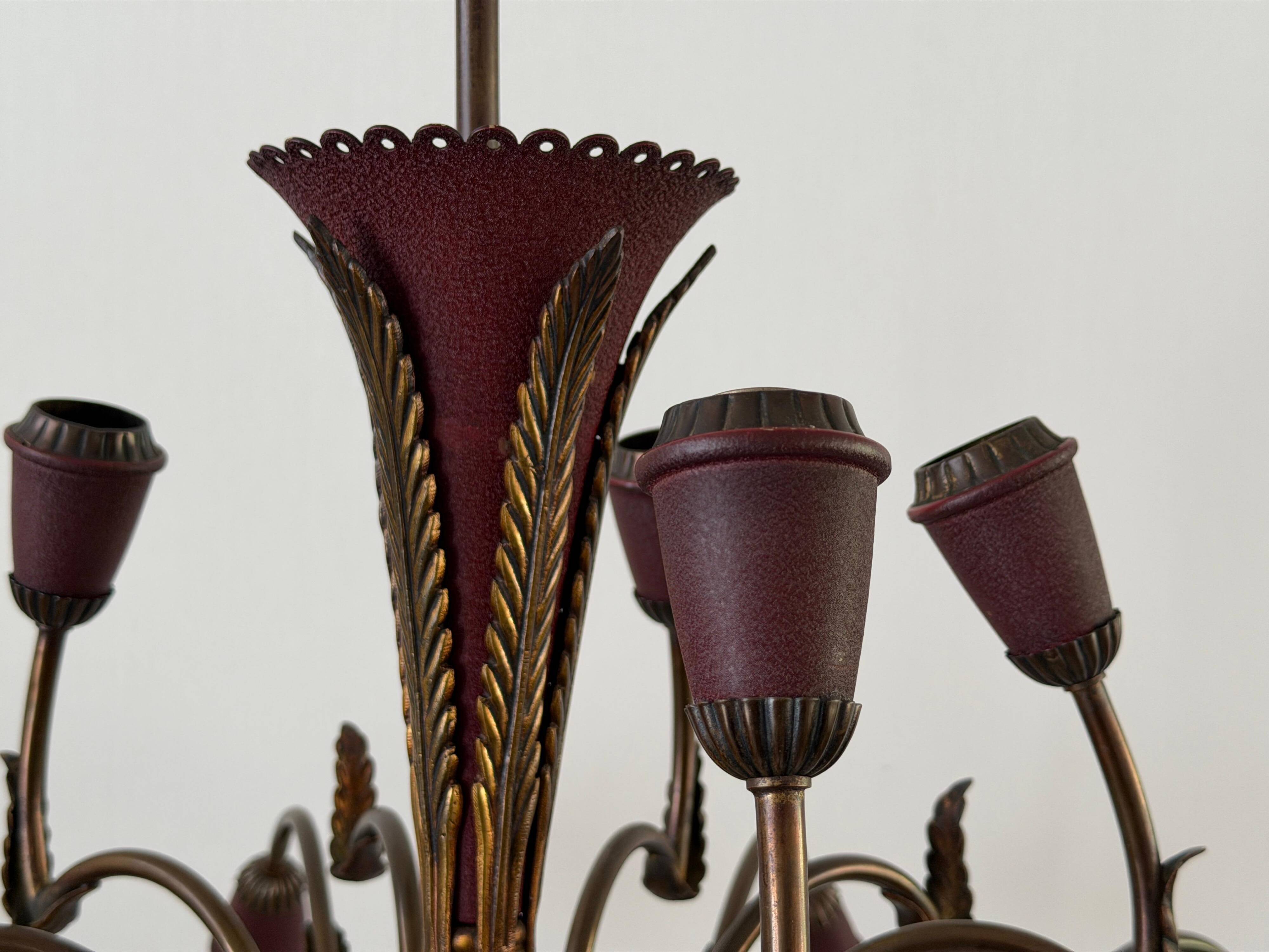 Large Burgundy brass chandelier with 15 arms, 1950, Italy