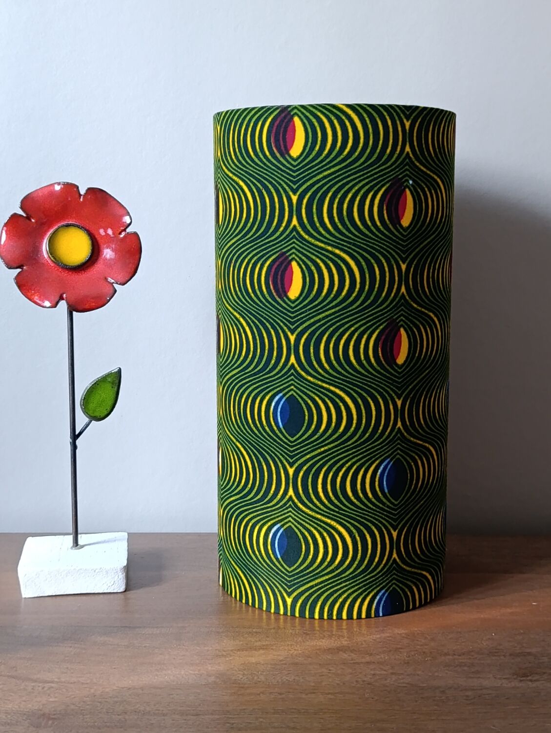 solid wood Scandinavian base lamp, hypnotic printed lampshade
