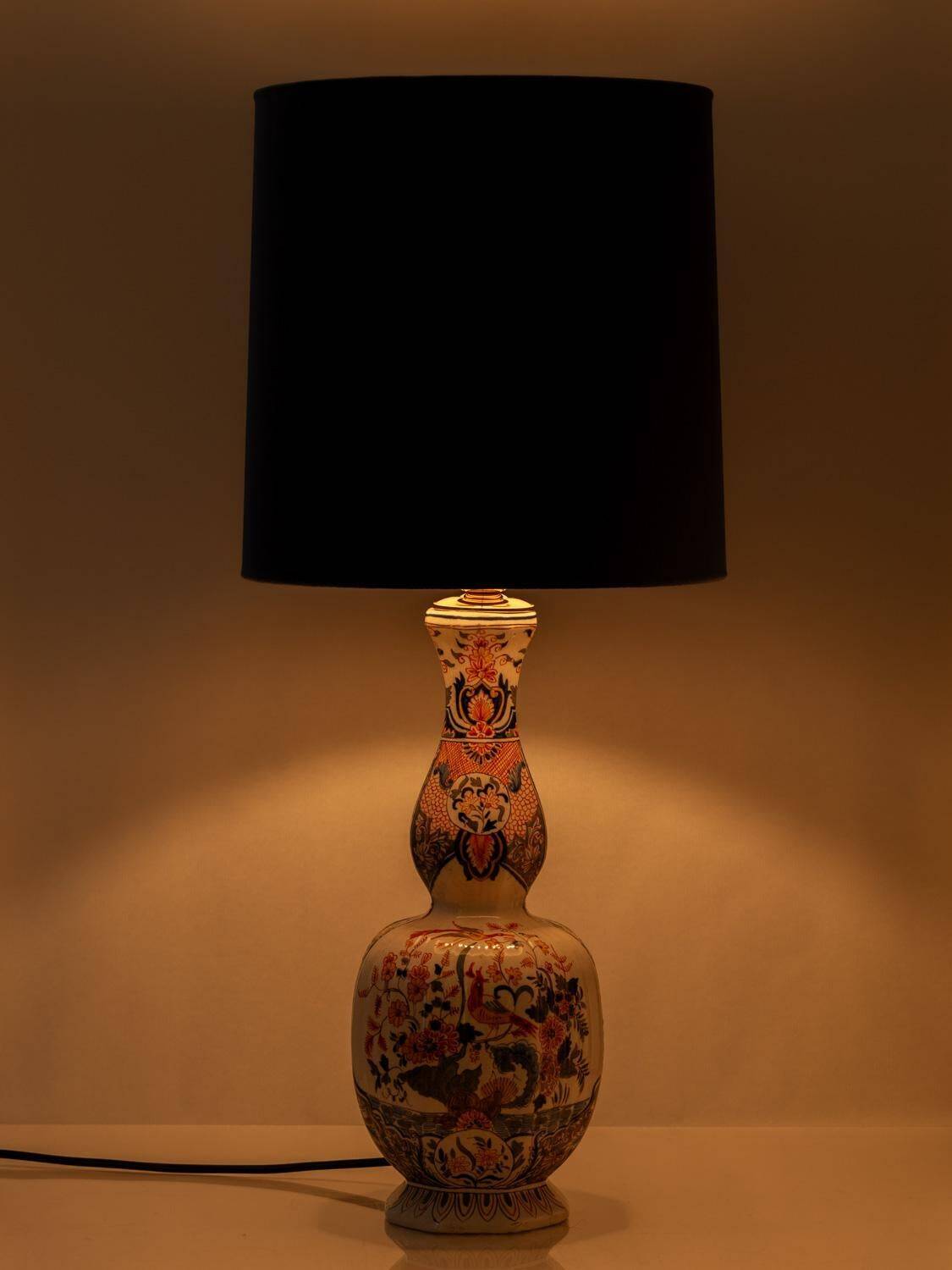 Delft-style ceramic table lamp from France around 1900 with a new blue velvet shade.