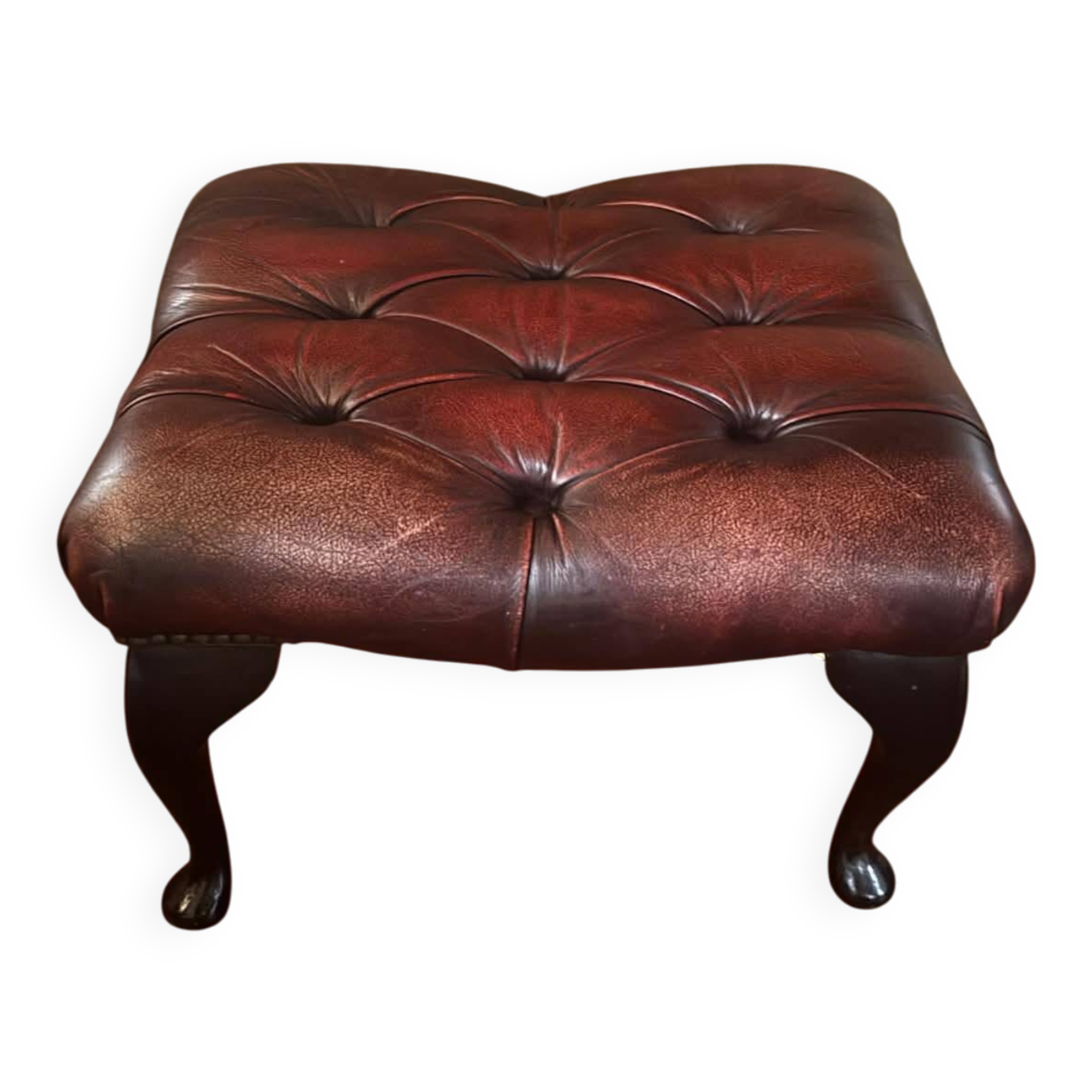 Red leather footrest in Chesterfield style, vintage 1970s.