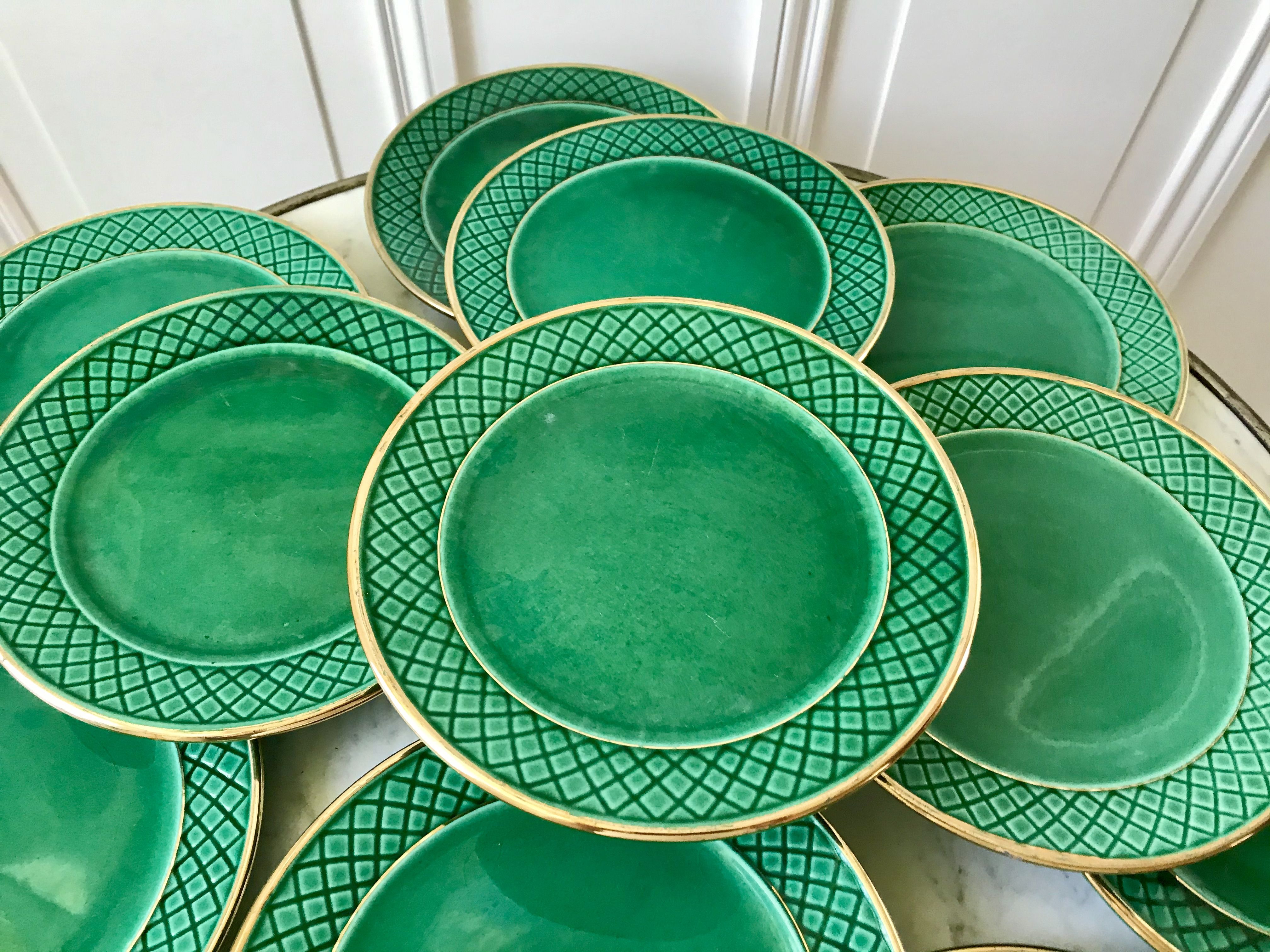 dessert service 12 dessert plates and a green and golden Art Deco cake dish 40s