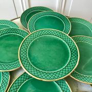 dessert service 12 dessert plates and a green and golden Art Deco cake dish 40s