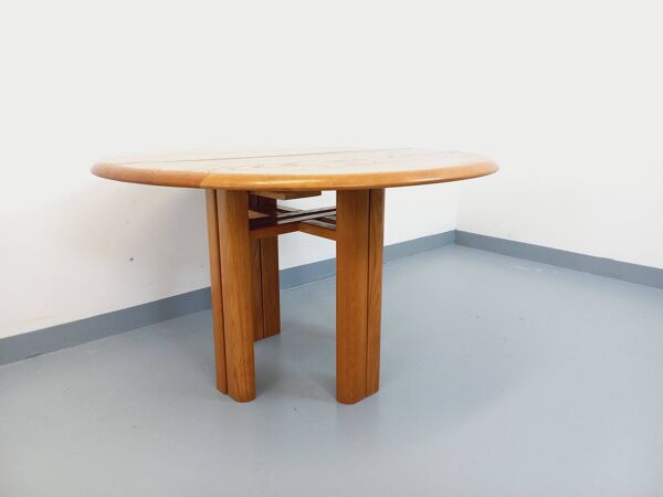 Table à manger ronde vintage Seltz des années 70 80 en orme blond massif