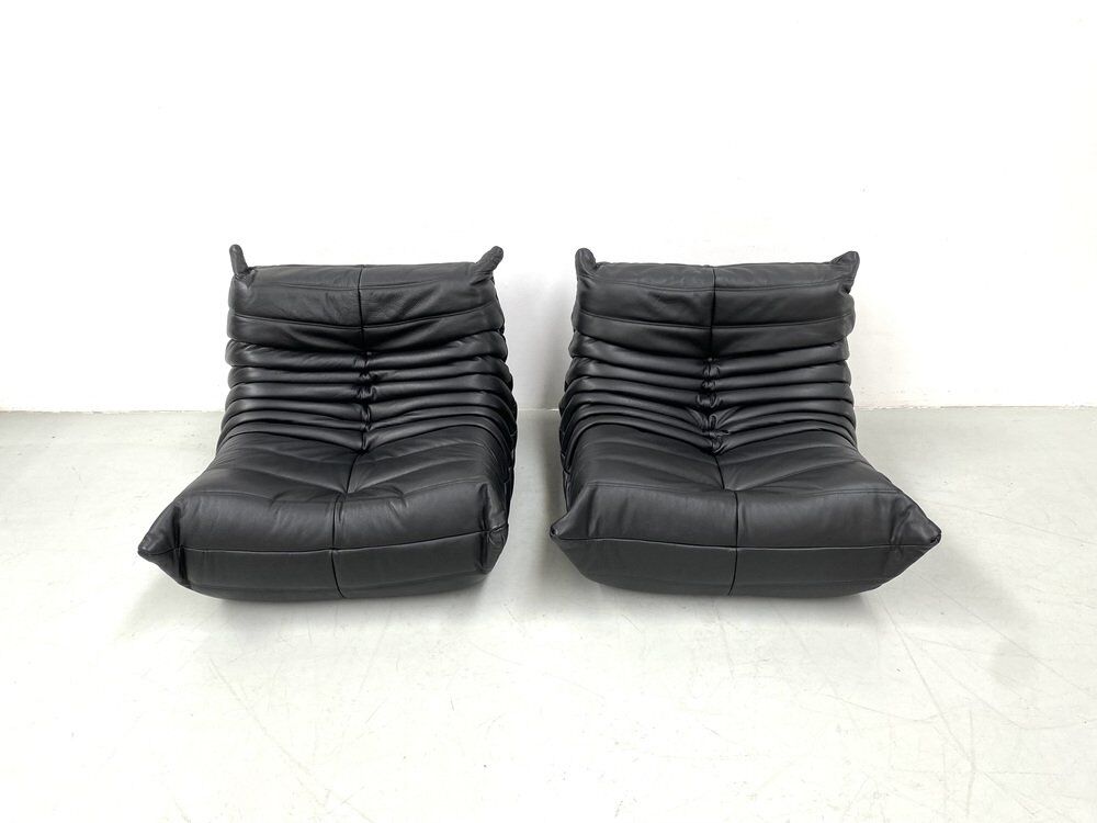 Togo lounge chairs in black leather attributed to Michel Ducaroy for Ligne Roset, set of 2