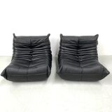 Togo lounge chairs in black leather attributed to Michel Ducaroy for Ligne Roset, set of 2