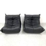 Togo lounge chairs in black leather attributed to Michel Ducaroy for Ligne Roset, set of 2