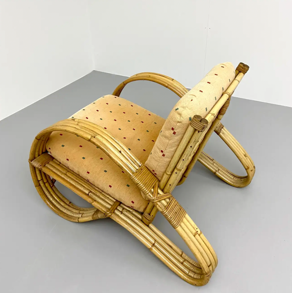 Chaise longue en rotin, bambou et tissu, France, années 1960