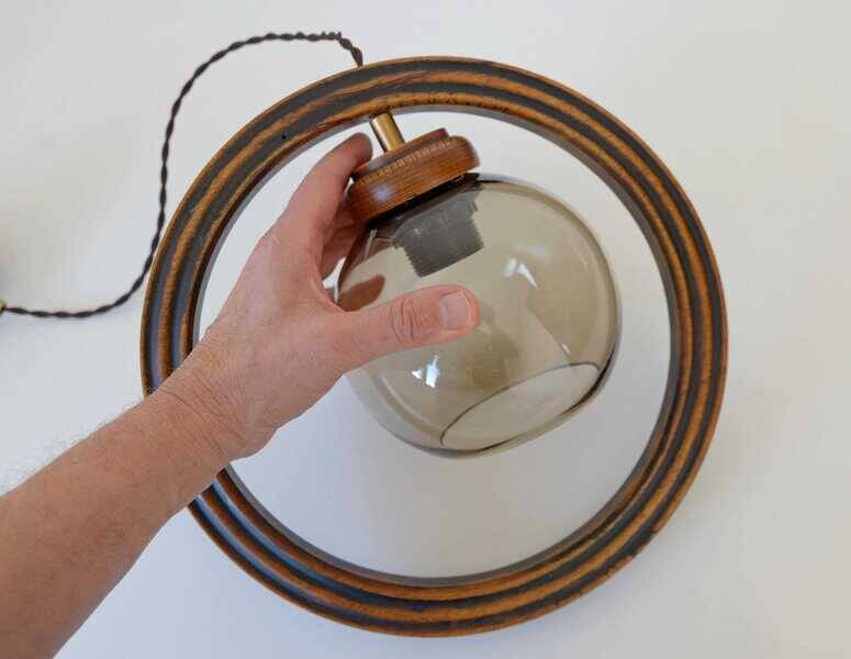 Wooden hanging light / vintage handmade rustic pendant lamp 1970's