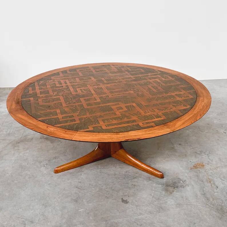 Vintage Wooden Coffee Table with Engraved Brass Top – 1970s