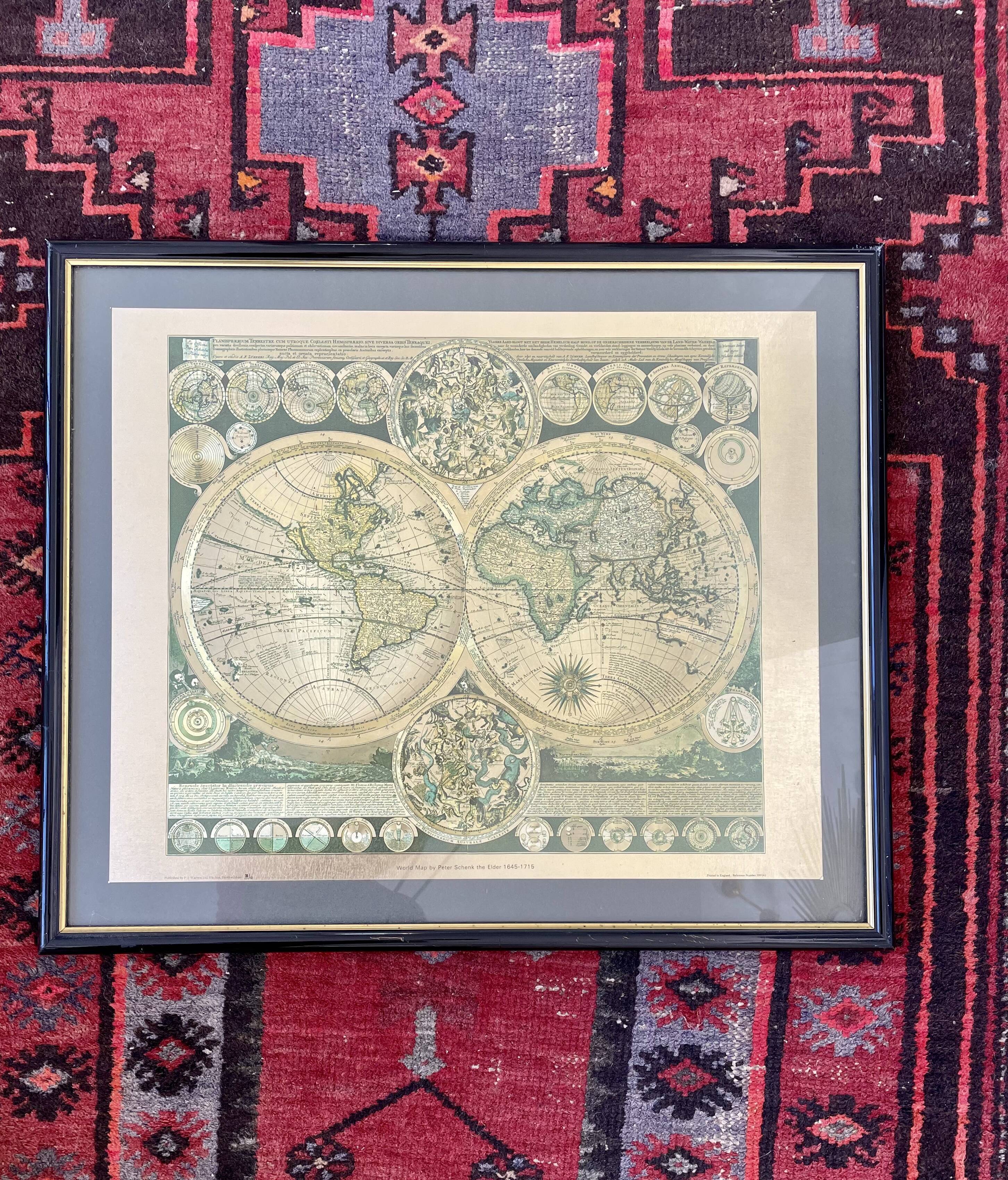Vintage world map frame "World Map by Peter Schenk The Elder 1645-1715"