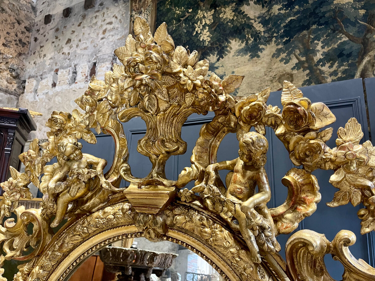 Mirror with Putti in Gilded Wood from the Napoléon III Period 1.96m x 1.33m