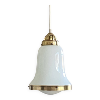 White opaline glass and brass pendant light