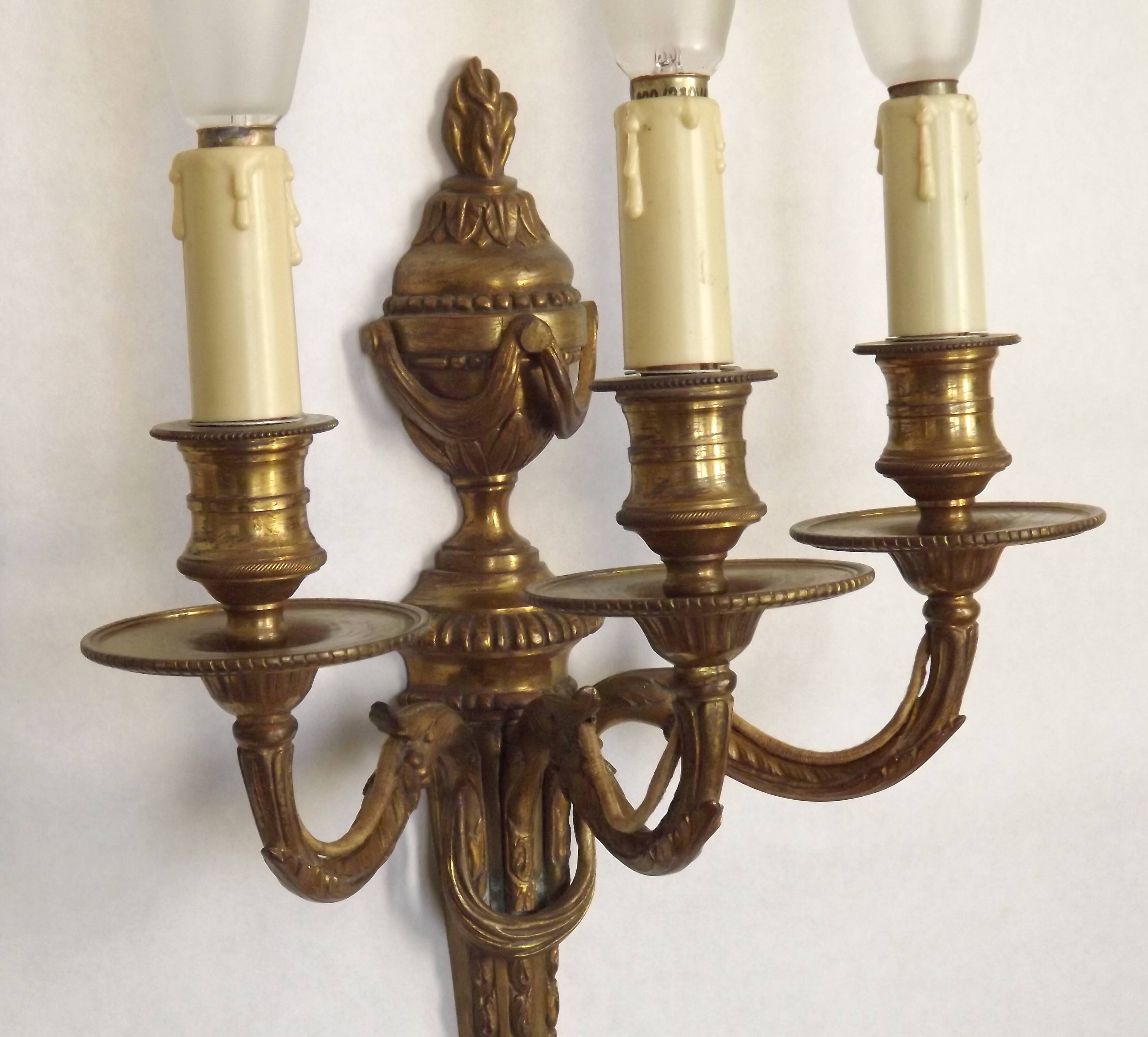 Magnificent Pair French Antique Bronze Triple Wall Lights Urn & Swag Detail