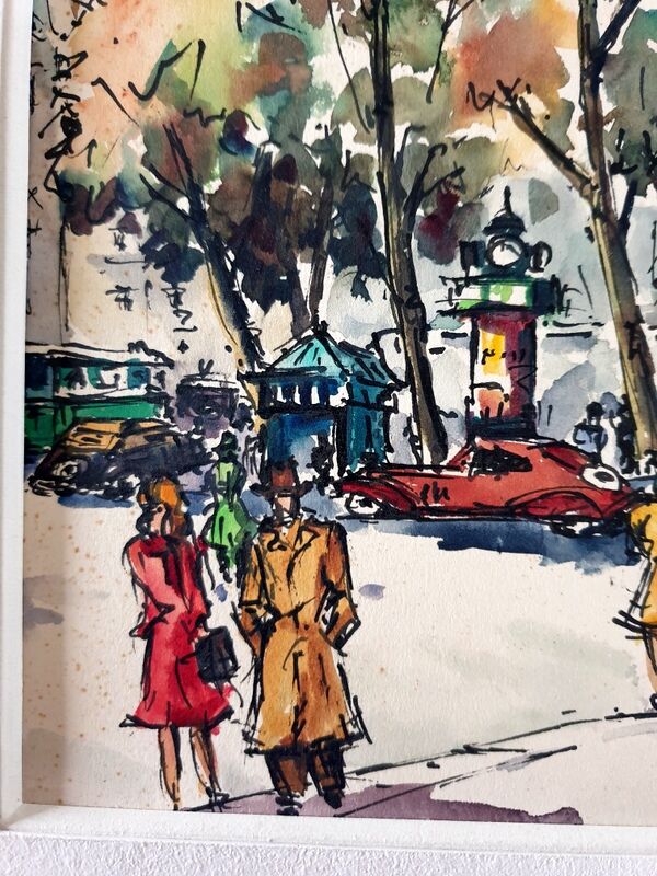 André Duculty (1912-1990) Watercolor on paper "The flower market of the Madeleine in Paris" Signed