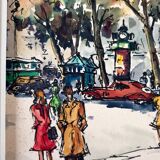 André Duculty (1912-1990) Watercolor on paper "The flower market of the Madeleine in Paris" Signed